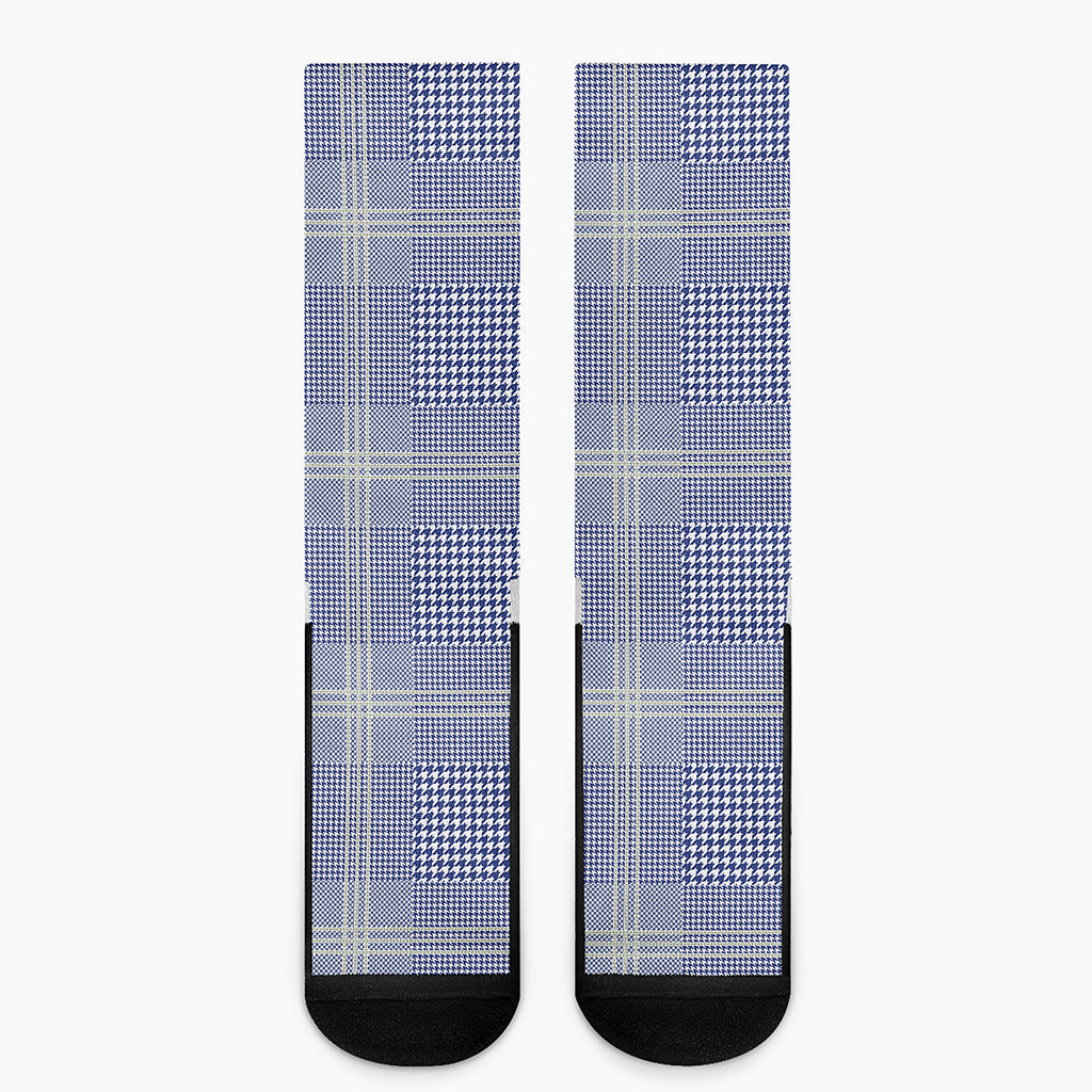 Blue And White Glen Plaid Print Crew Socks