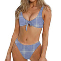 Blue And White Glen Plaid Print Front Bow Tie Bikini