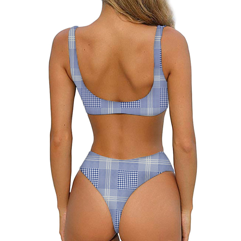 Blue And White Glen Plaid Print Front Bow Tie Bikini
