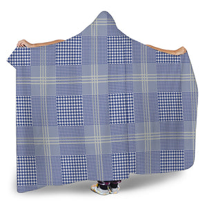 Blue And White Glen Plaid Print Hooded Blanket