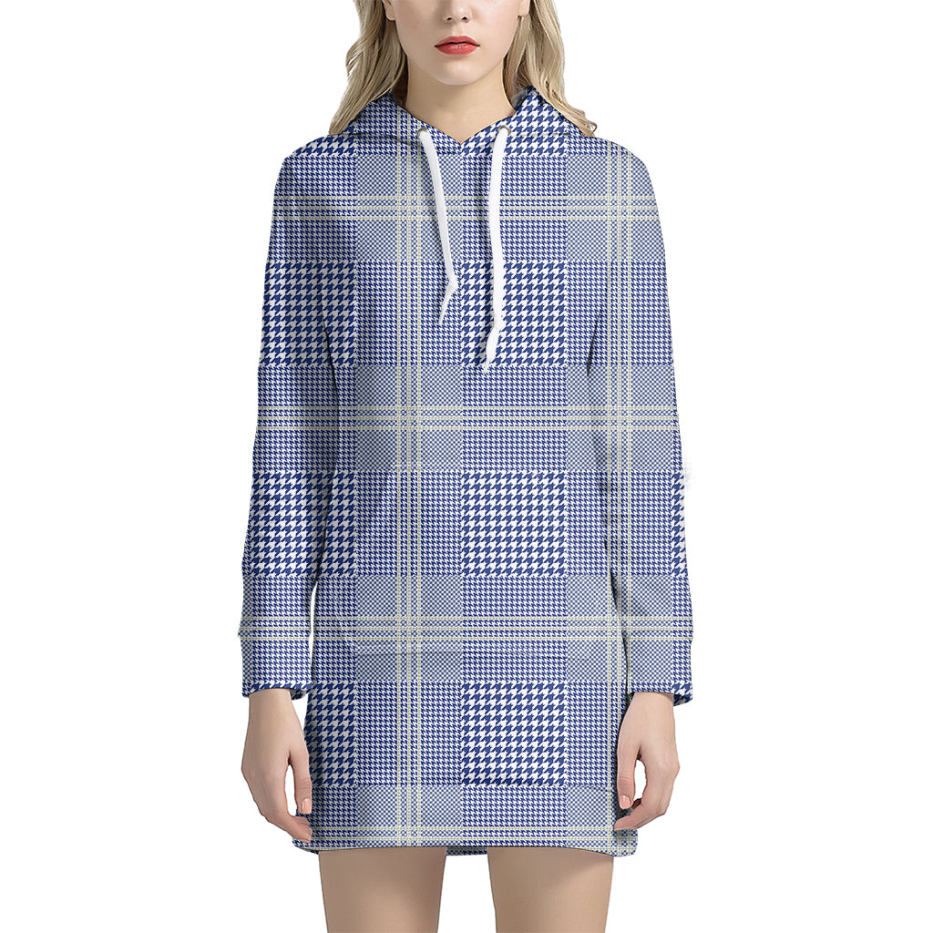 Blue And White Glen Plaid Print Hoodie Dress