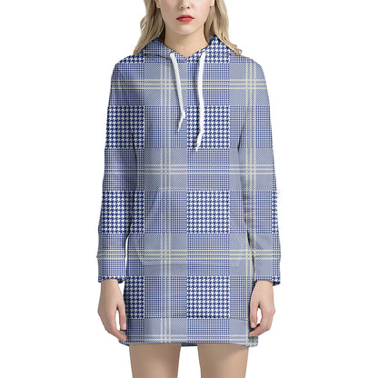 Blue And White Glen Plaid Print Hoodie Dress
