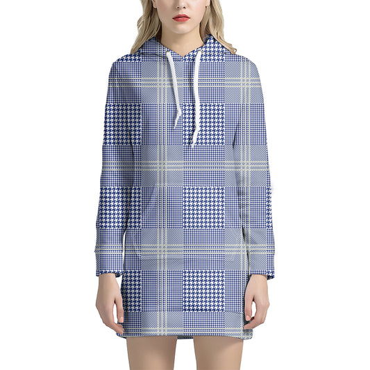 Blue And White Glen Plaid Print Hoodie Dress
