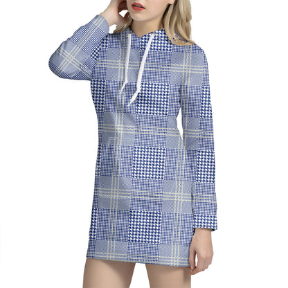 Blue And White Glen Plaid Print Hoodie Dress