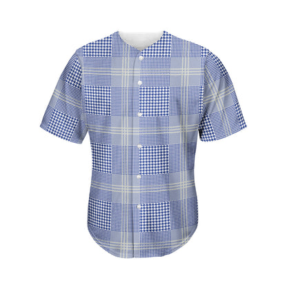Blue And White Glen Plaid Print Men's Baseball Jersey