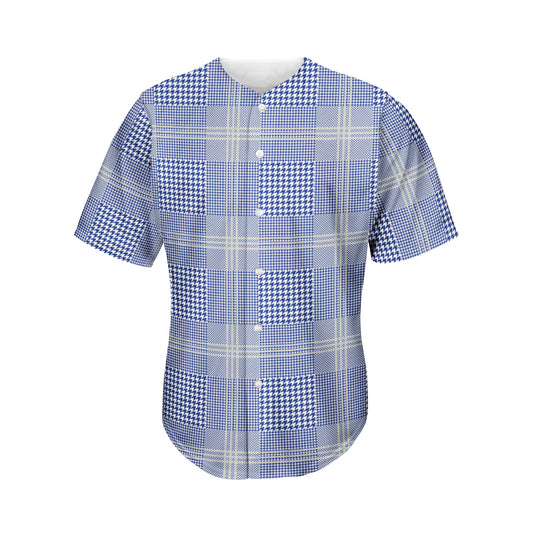 Blue And White Glen Plaid Print Men's Baseball Jersey