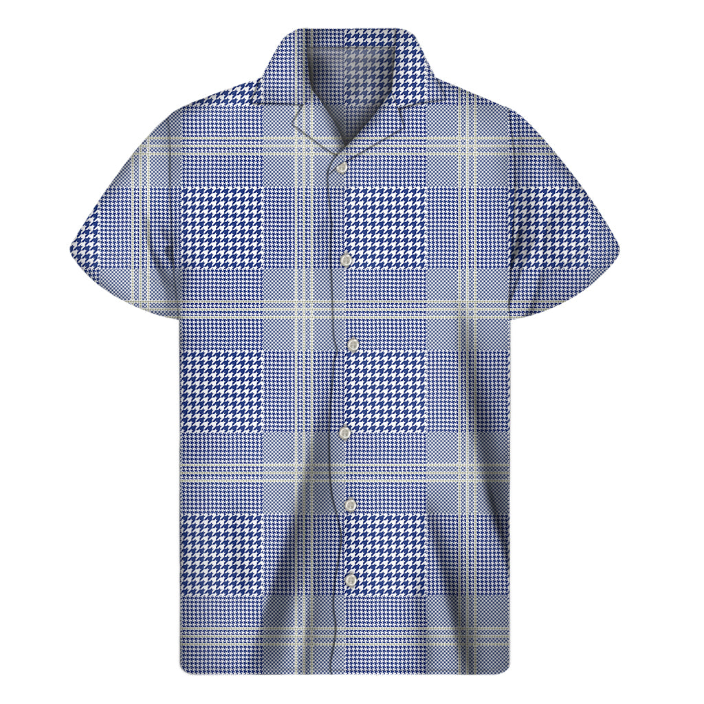 Blue And White Glen Plaid Print Men's Short Sleeve Shirt