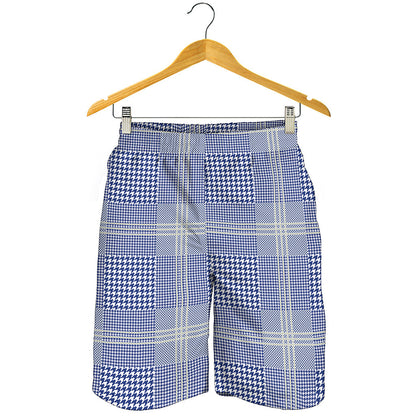 Blue And White Glen Plaid Print Men's Shorts