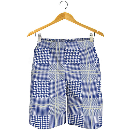 Blue And White Glen Plaid Print Men's Shorts