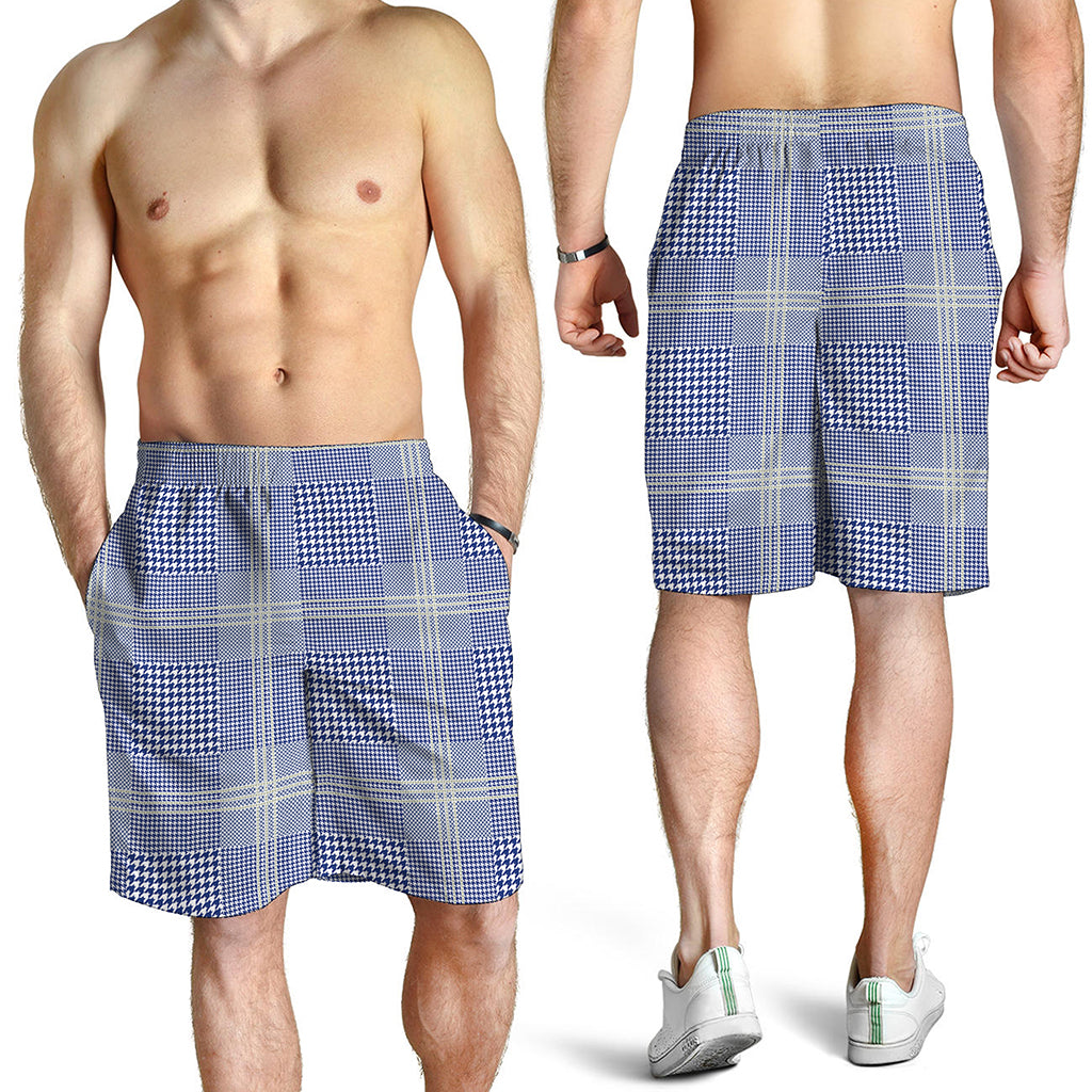 Blue And White Glen Plaid Print Men's Shorts