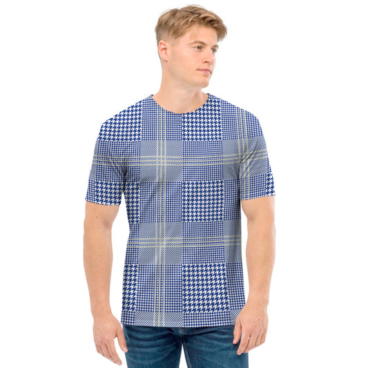 Blue And White Glen Plaid Print Men's T-Shirt