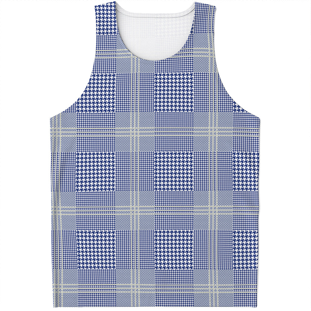 Blue And White Glen Plaid Print Men's Tank Top