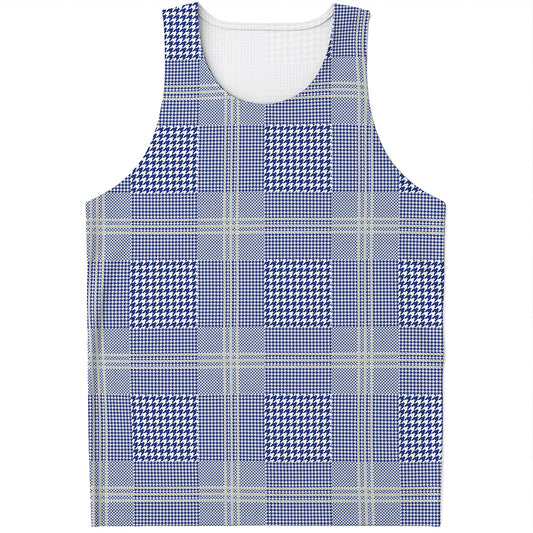 Blue And White Glen Plaid Print Men's Tank Top