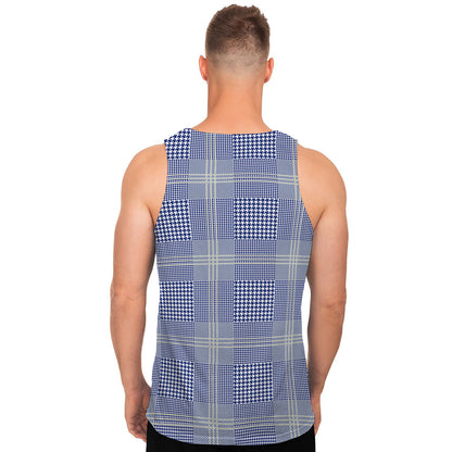 Blue And White Glen Plaid Print Men's Tank Top