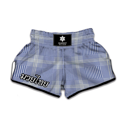 Blue And White Glen Plaid Print Muay Thai Boxing Shorts