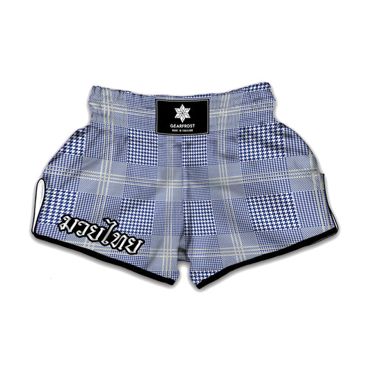 Blue And White Glen Plaid Print Muay Thai Boxing Shorts