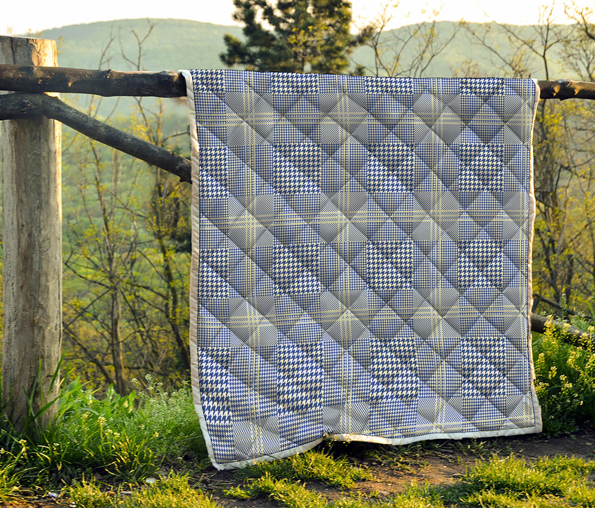 Blue And White Glen Plaid Print Quilt