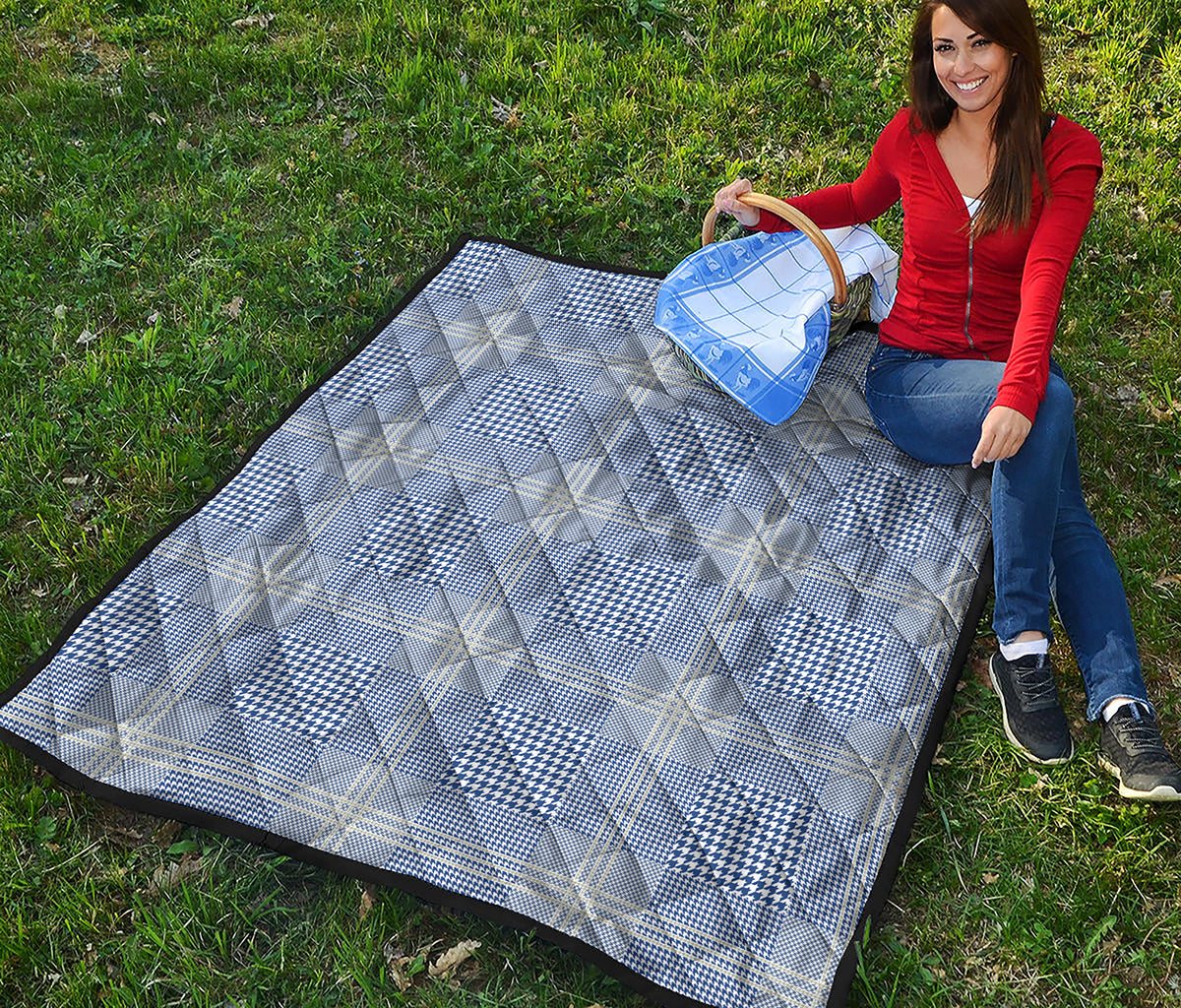 Blue And White Glen Plaid Print Quilt