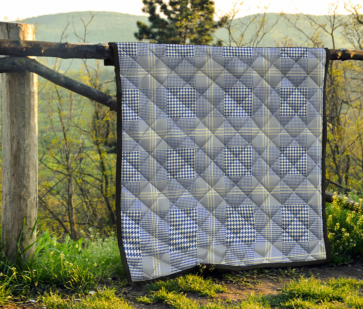 Blue And White Glen Plaid Print Quilt