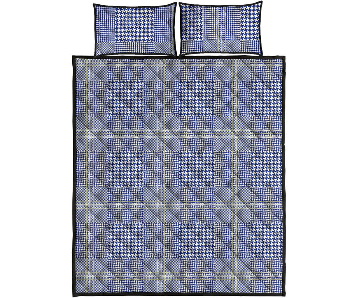 Blue And White Glen Plaid Print Quilt Bed Set