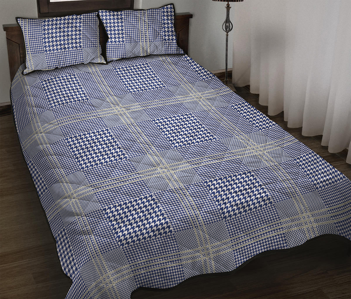 Blue And White Glen Plaid Print Quilt Bed Set