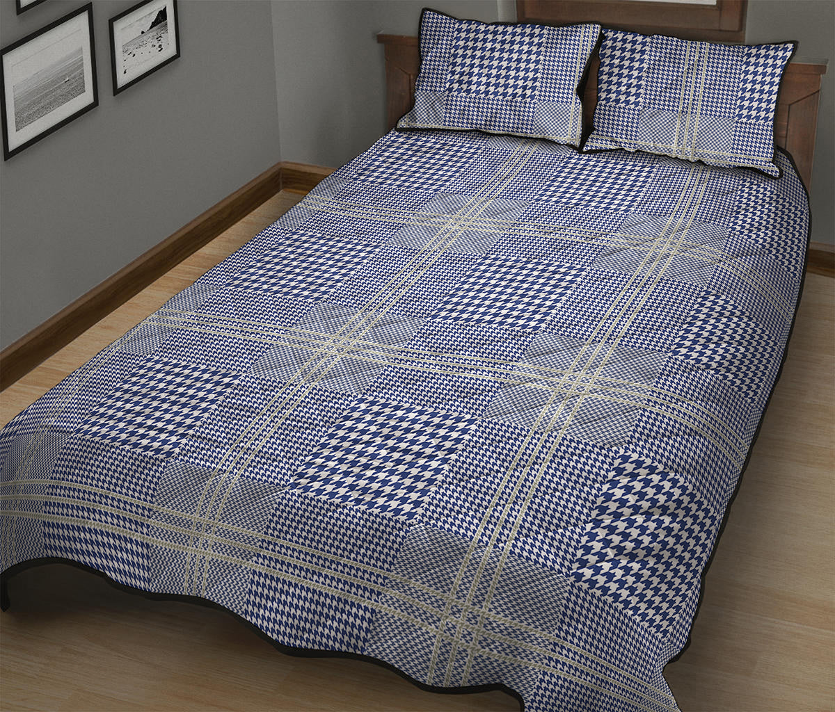 Blue And White Glen Plaid Print Quilt Bed Set