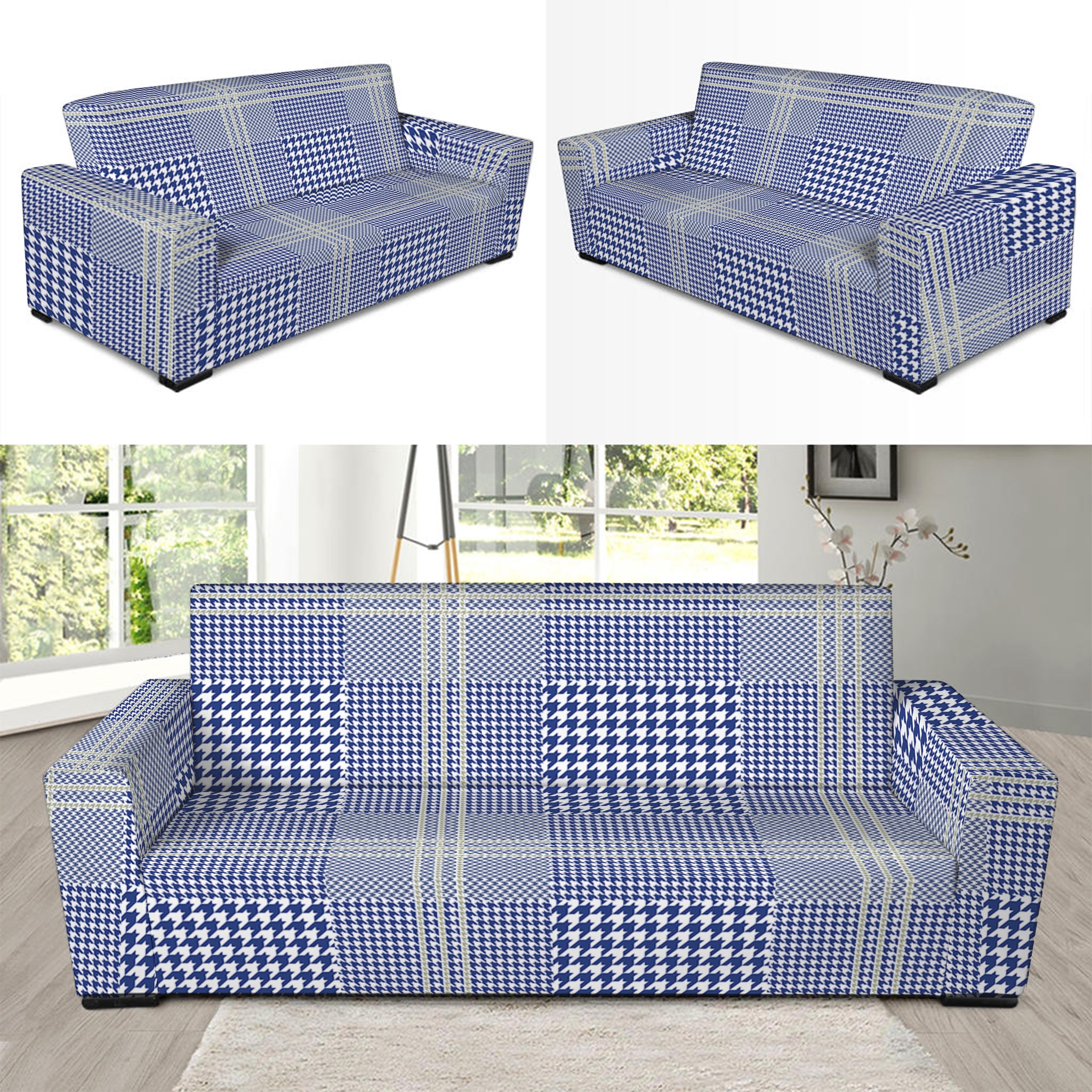 Blue And White Glen Plaid Print Sofa Slipcover