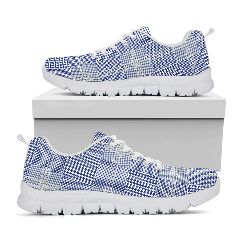 Blue And White Glen Plaid Print White Sneakers