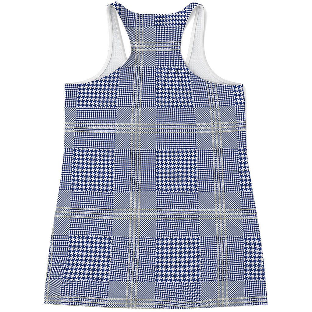 Blue And White Glen Plaid Print Women's Racerback Tank Top