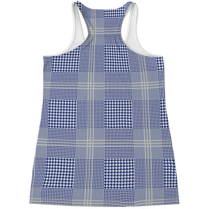 Blue And White Glen Plaid Print Women's Racerback Tank Top