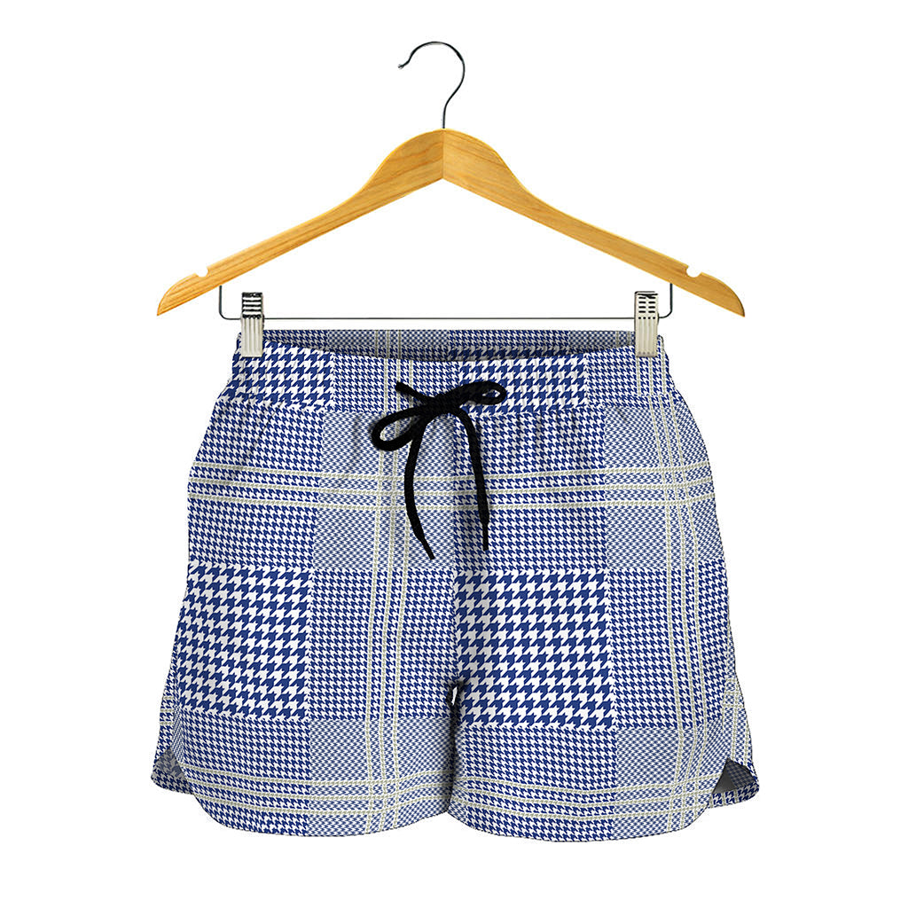 Blue And White Glen Plaid Print Women's Shorts