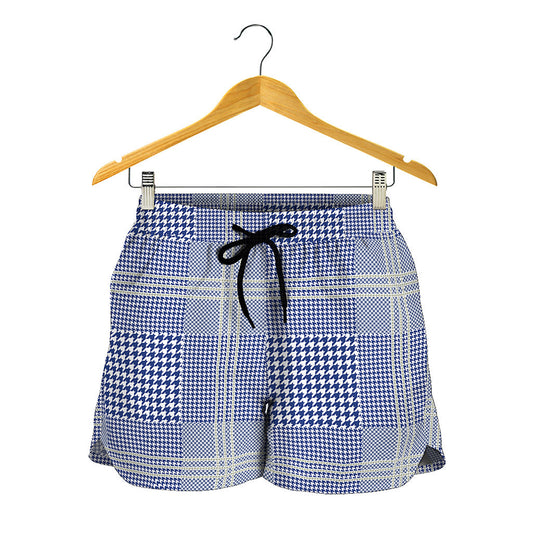 Blue And White Glen Plaid Print Women's Shorts