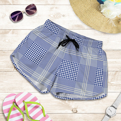 Blue And White Glen Plaid Print Women's Shorts