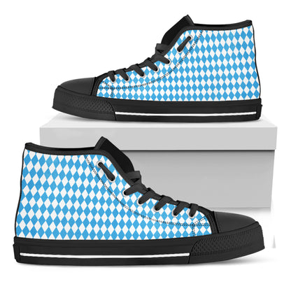 Blue And White Harlequin Pattern Print Black High Top Shoes