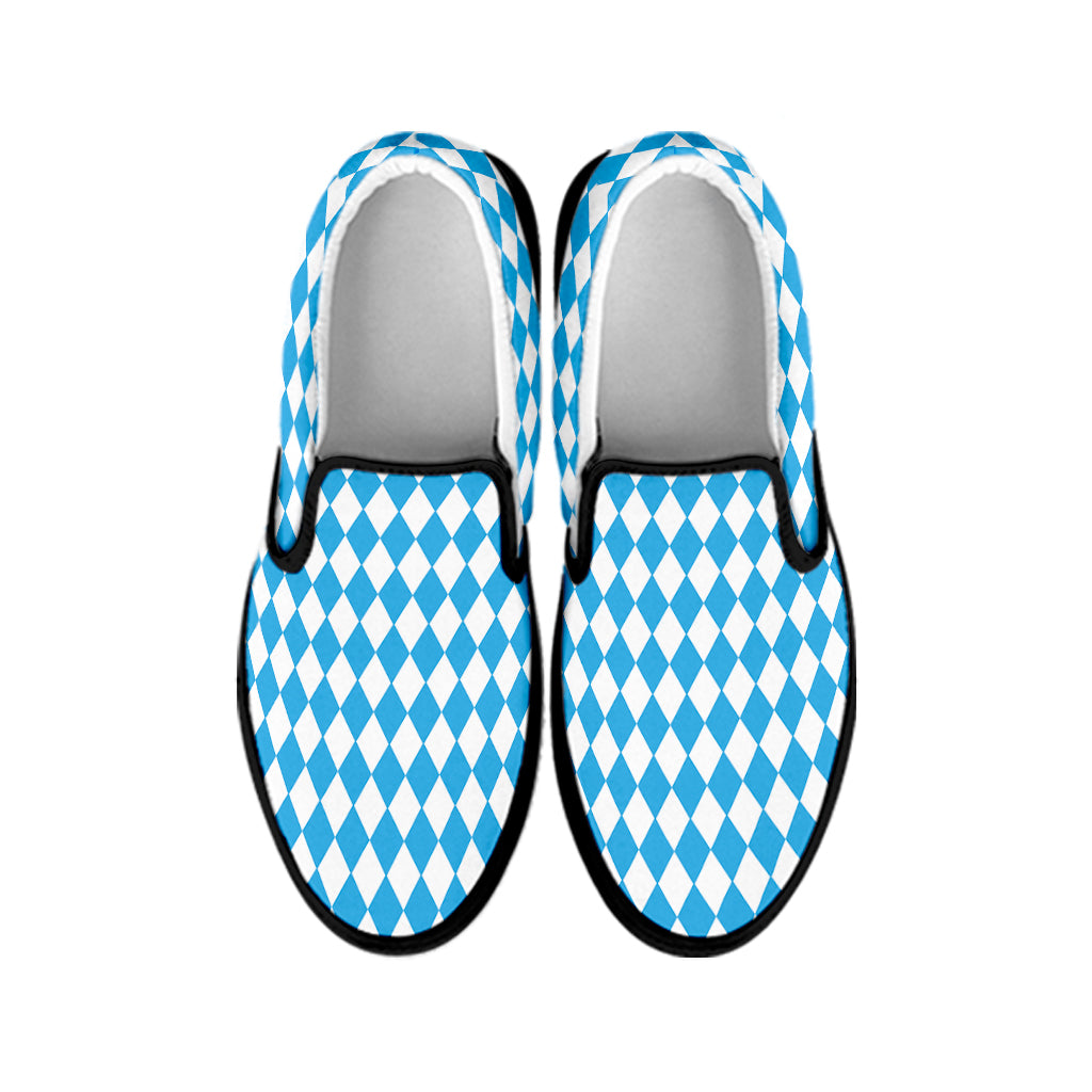 Blue And White Harlequin Pattern Print Black Slip On Shoes