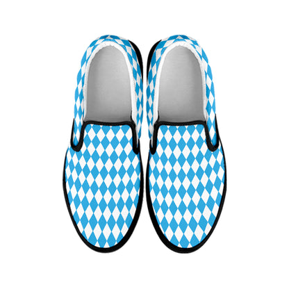 Blue And White Harlequin Pattern Print Black Slip On Shoes