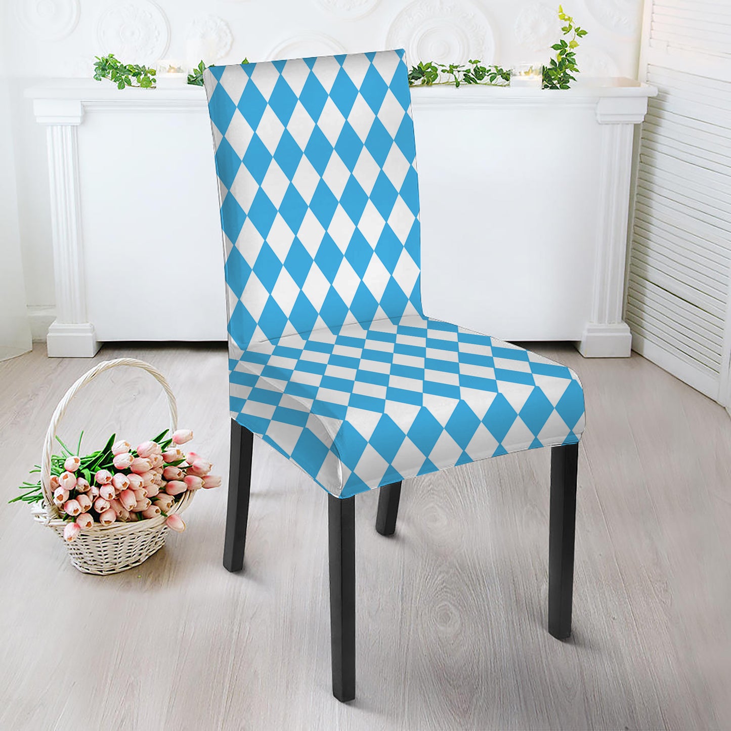 Blue And White Harlequin Pattern Print Dining Chair Slipcover