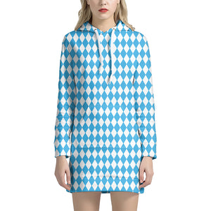 Blue And White Harlequin Pattern Print Hoodie Dress