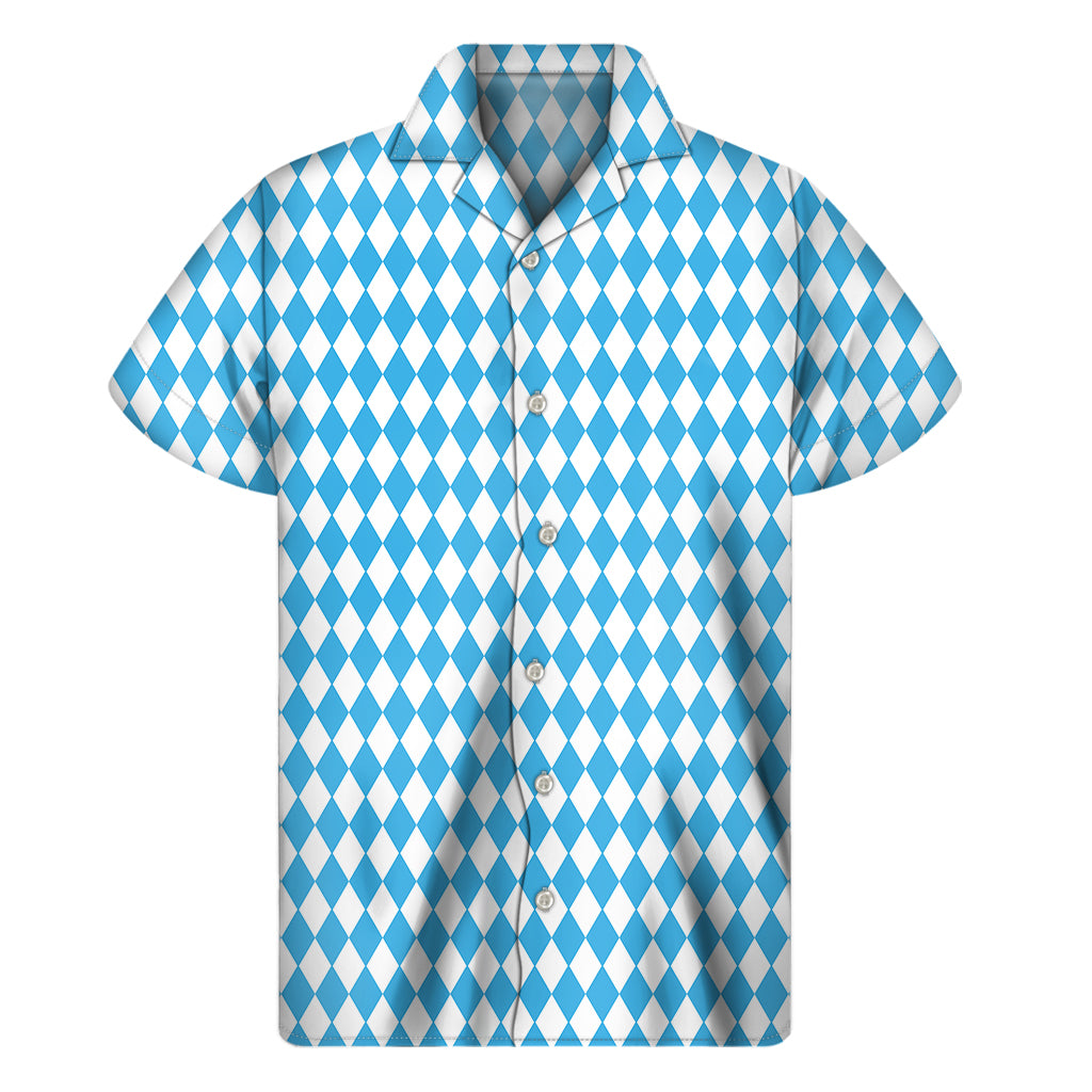 Blue And White Harlequin Pattern Print Men's Short Sleeve Shirt