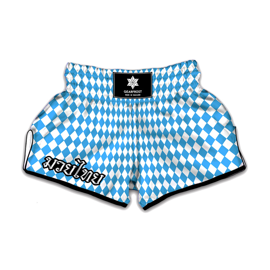 Blue And White Harlequin Pattern Print Muay Thai Boxing Shorts