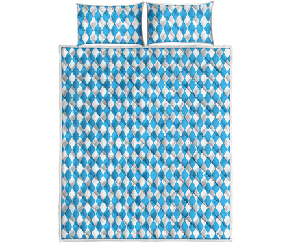 Blue And White Harlequin Pattern Print Quilt Bed Set