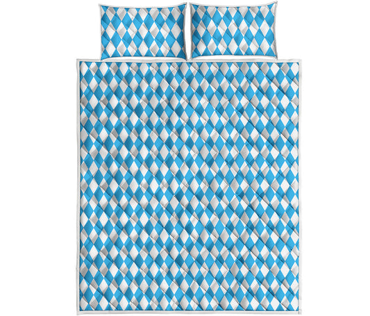 Blue And White Harlequin Pattern Print Quilt Bed Set
