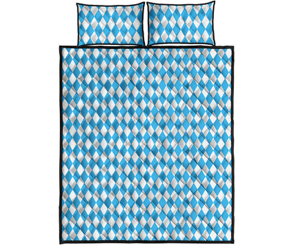 Blue And White Harlequin Pattern Print Quilt Bed Set