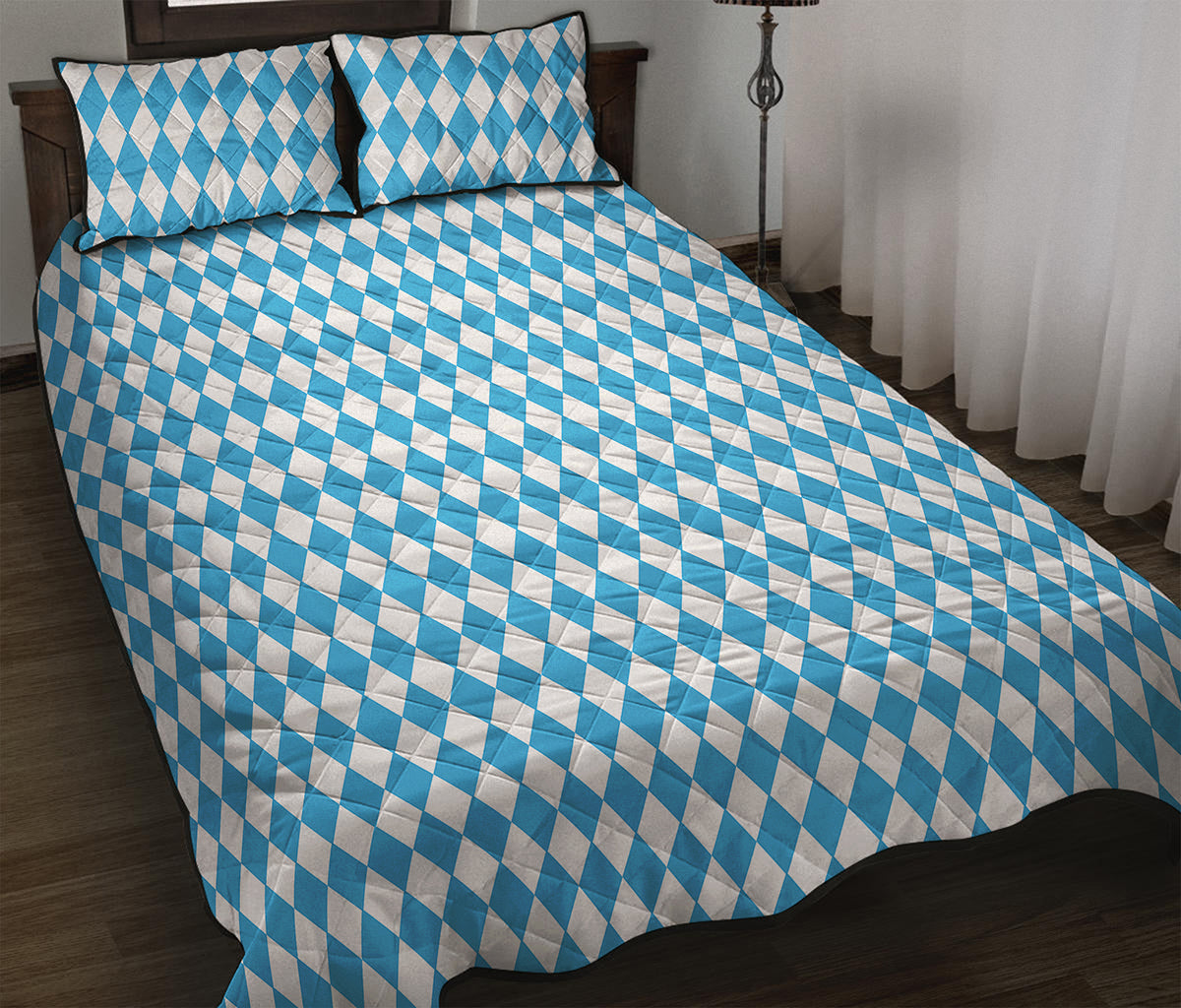 Blue And White Harlequin Pattern Print Quilt Bed Set
