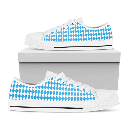 Blue And White Harlequin Pattern Print White Low Top Shoes