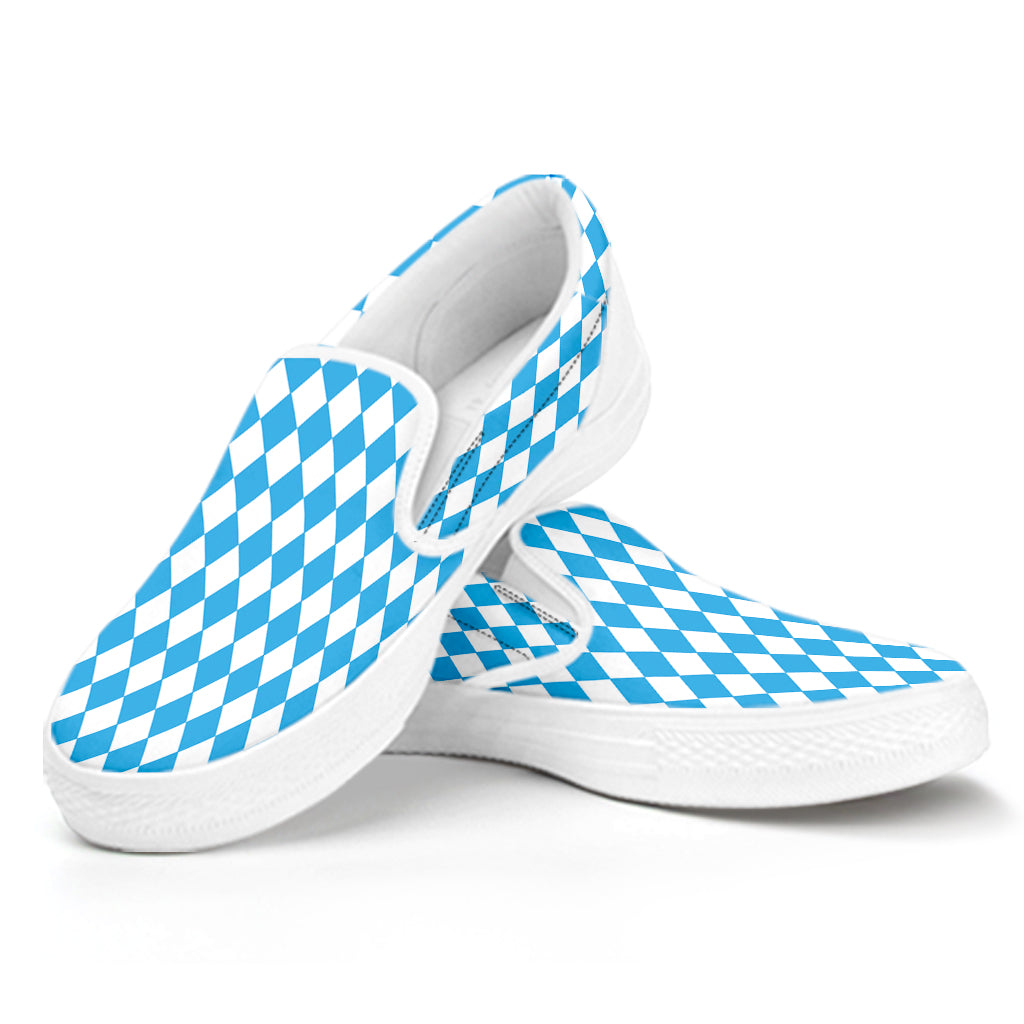 Blue And White Harlequin Pattern Print White Slip On Shoes