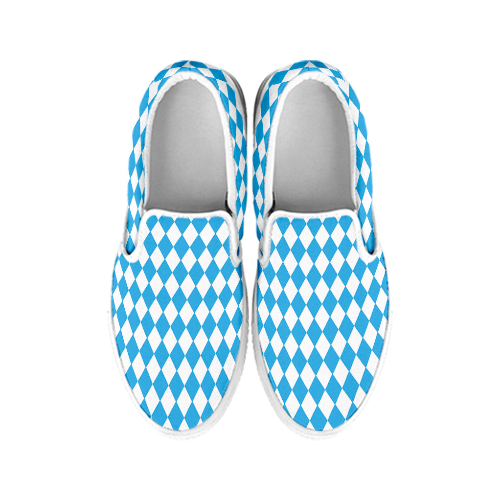 Blue And White Harlequin Pattern Print White Slip On Shoes