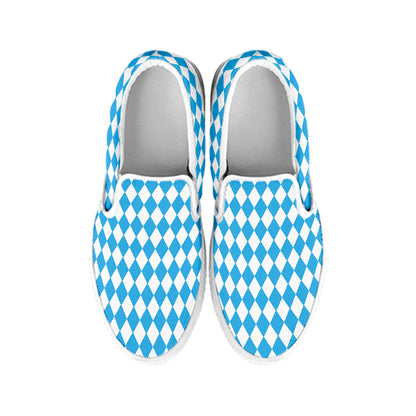 Blue And White Harlequin Pattern Print White Slip On Shoes