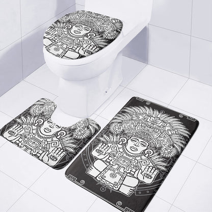 Blue And White Mayan Statue Print 3 Piece Bath Mat Set