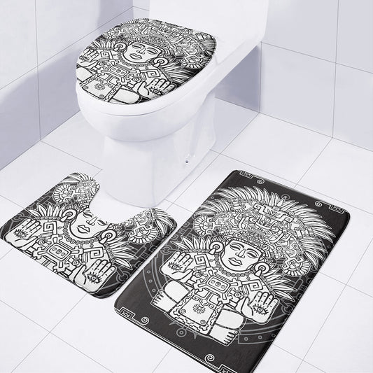 Blue And White Mayan Statue Print 3 Piece Bath Mat Set